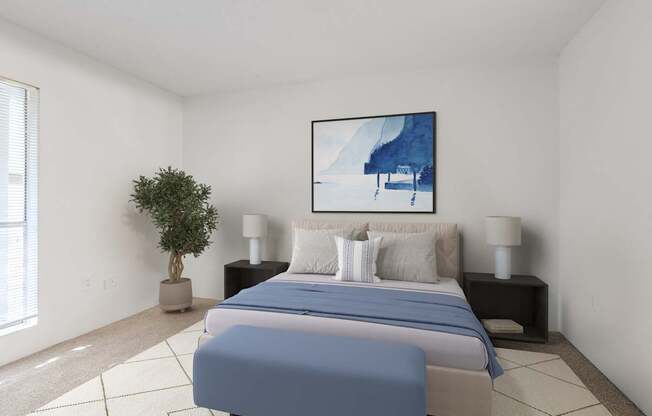 A bedroom with a large bed and a painting on the wall.