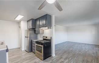 a kitchen and living room in an apartment