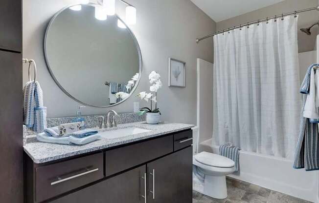 a bathroom with a sink and a toilet and a mirror. Circle Pines, MN Lexington Lofts