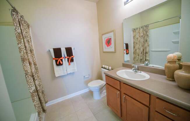 Bathroom, tile flooring, solid surface counter tops, large mirror, toilet, sink,  shower