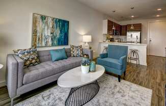 living room with grey sofas at Brixton South Shore, Austin, Texas