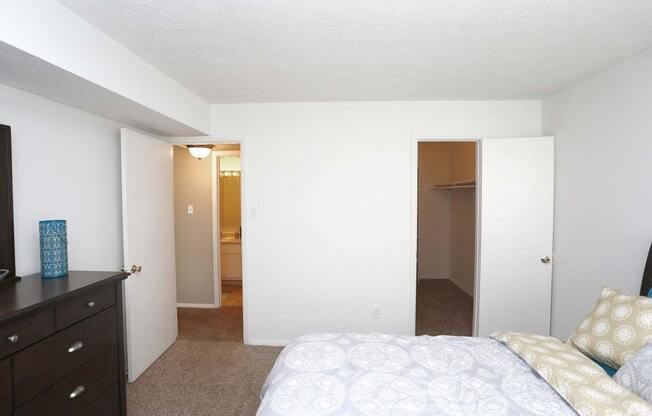 a bedroom with a bed and a closet