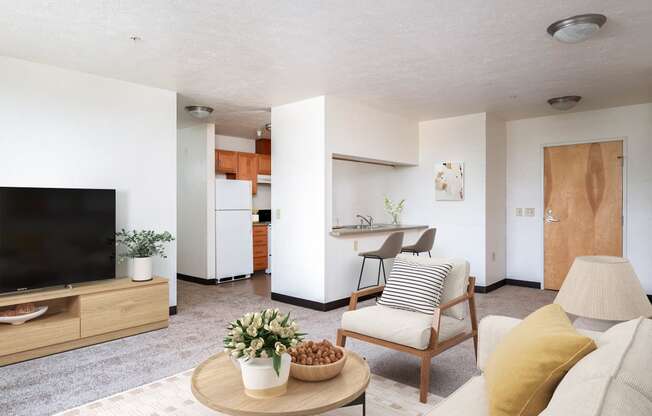 a living room with a tv and a kitchen in the background