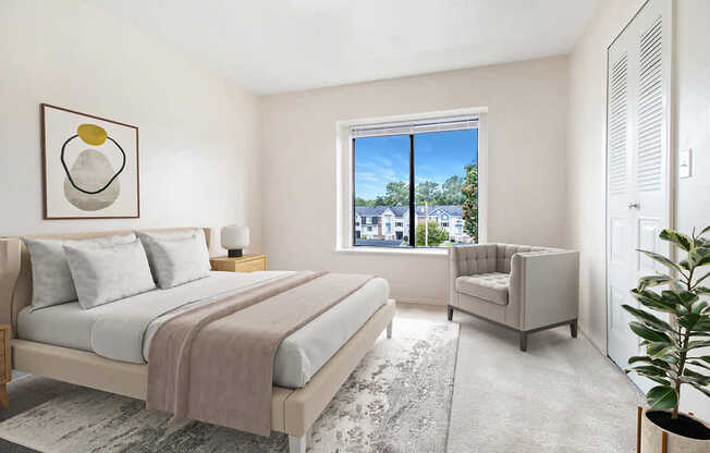 A spacious bedroom with a large bed and window at Indian Lakes Apartments, Indiana, 46545