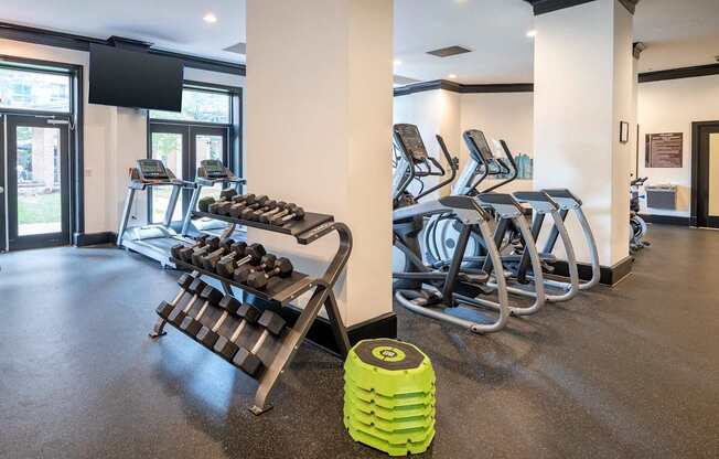 A gym with a green dumbbell holder in the foreground.