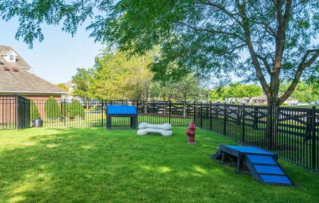 a fenced in dog park with a picnic table and a fire hydrant