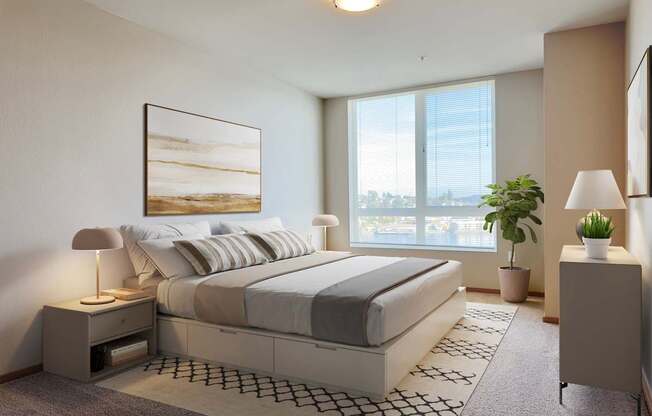 a bedroom in an apartment with a bed and a window at Spyglass Hill Apartments, Bremerton, WA 98337