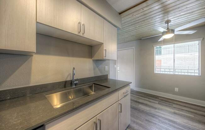 A kitchen with a sink and a fan.