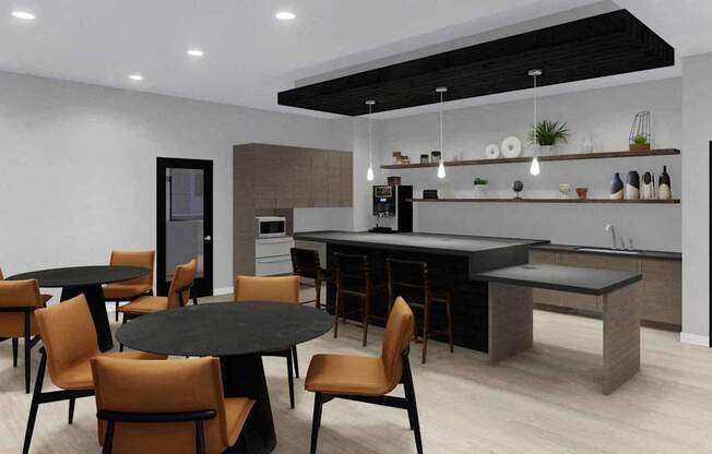 A modern dining room with a black table and chairs.