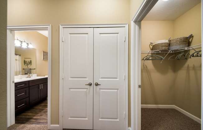 a bathroom with a closet and a sink and a mirror