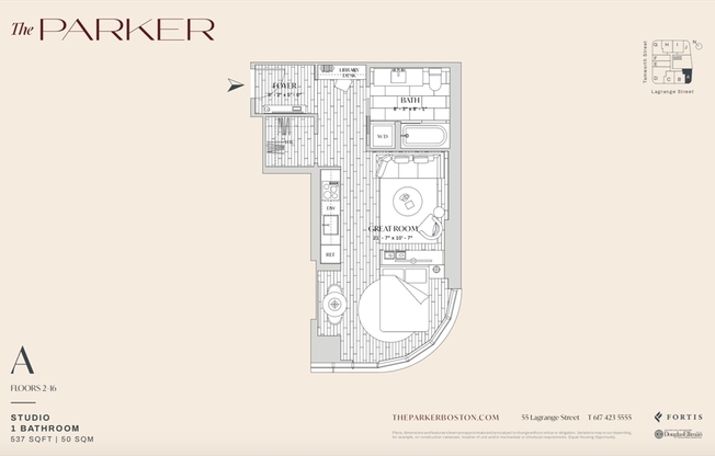 Studio, 1 bath, 537 sqft, $4,200, Unit 301