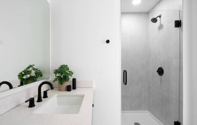 a white bathroom with a sink and a shower