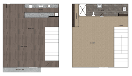 2D rendered drawing of one bedroom and one full size bathroom with full size kitchen and private patio/balcony. Townhome style with living area downstairs and bedroom and bathroom upstairs. Approximately 700 square feet.