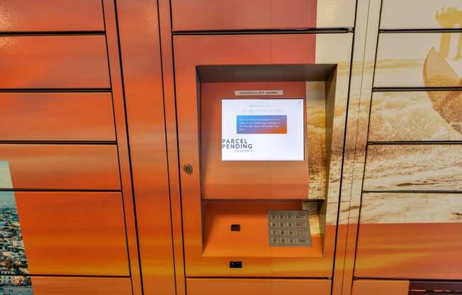 an orange elevator with a sign on the door that says rapid parking