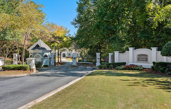 Front entrance gate and sign located at St. Andrews Apartments in Johns Creek, GA 30022