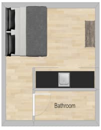 a floor plan of a bathroom with a stove and a door