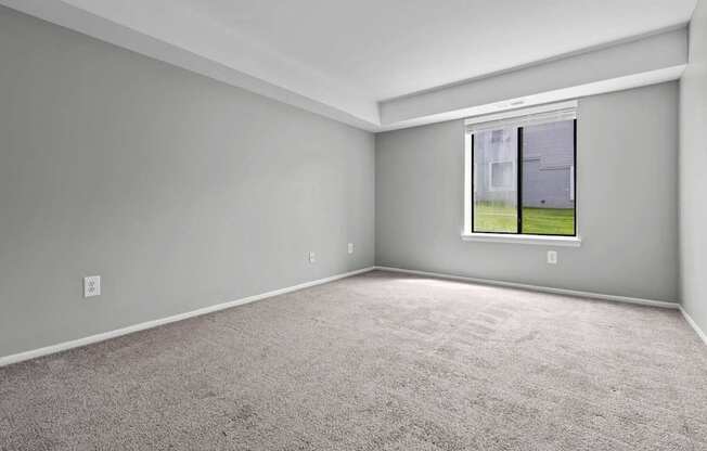 A room with a carpeted floor and a window showing a view of a house.