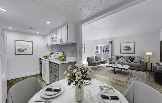 A modern dining room with a table set for two.