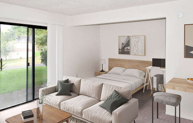 A studio living room with a slider to a patio at Brookside Apartments, Springfield