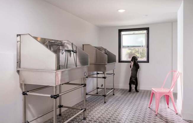 A person stands in a room with a large stainless steel machine and a pink chair.