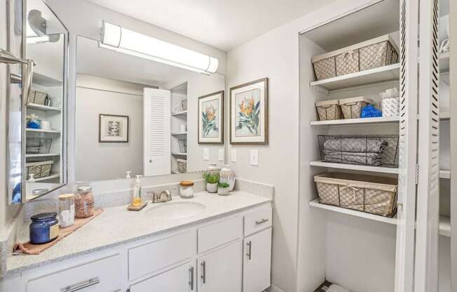 A bathroom with a sink, mirror, and shelves.