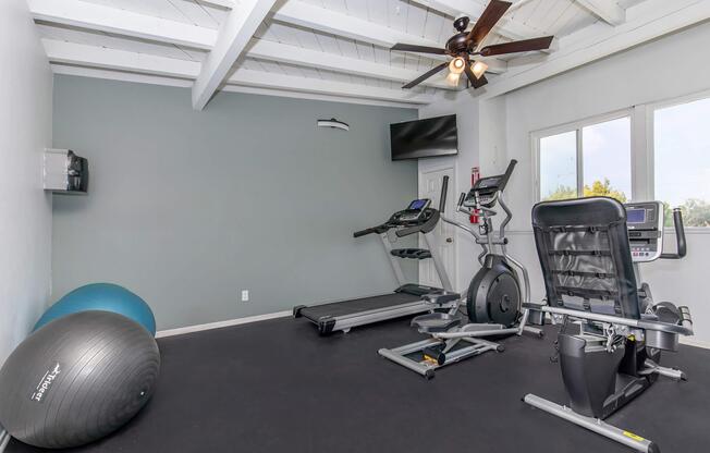 A fitness room featuring an elliptical machine, a treadmill, a stationary bike, an exercise ball, and a ceiling fan. The walls are painted gray, with large windows allowing natural light to enter, and a flat-screen TV mounted on the wall. The floor is black, creating a modern workout space.