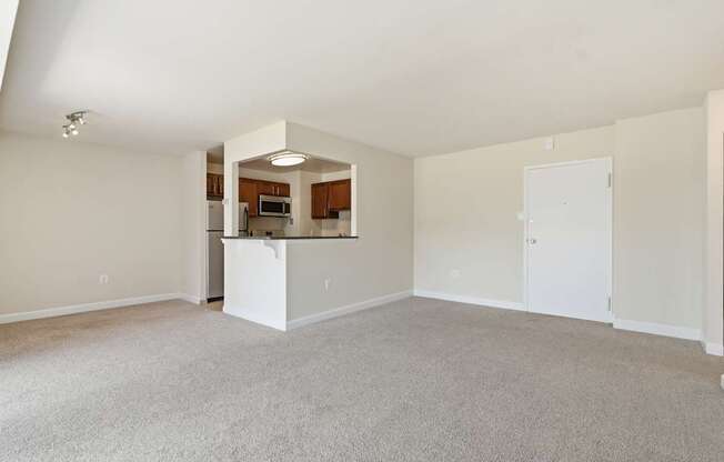 A spacious living room with a kitchenette in the background.
