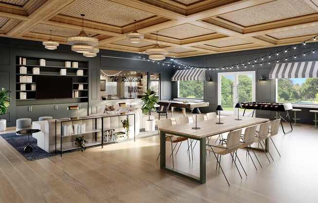 A modern dining room with a wooden ceiling and a long table set for a meal.