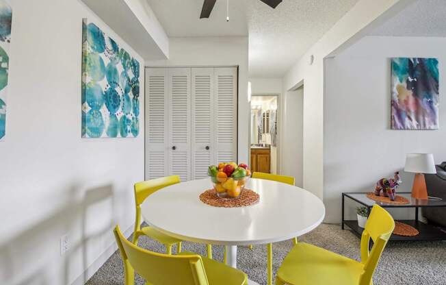 A white dining table with a bowl of fruit on it and four yellow chairs.