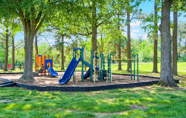 a playground with slides and monkey bars in a park