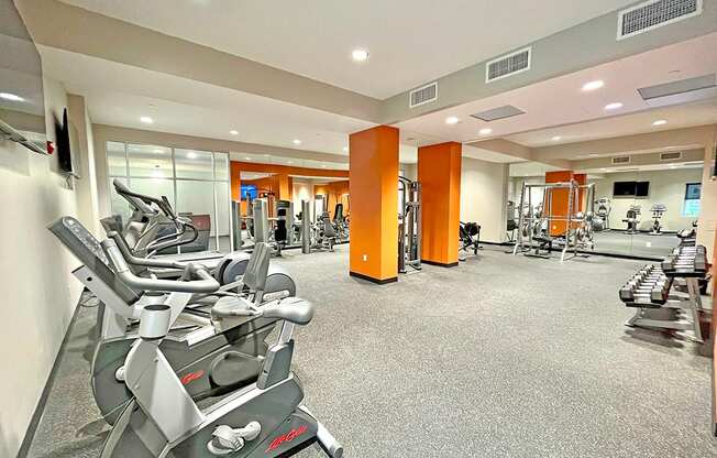 large fitness center with exercise equipment at The Residences at Delmar DivINe, St Louis, MO, 63112