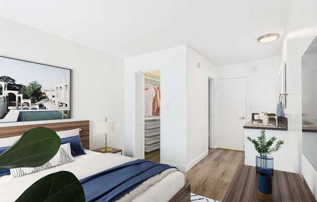 A bedroom with a bed, a chair, a lamp, a painting, a plant, and a small table.