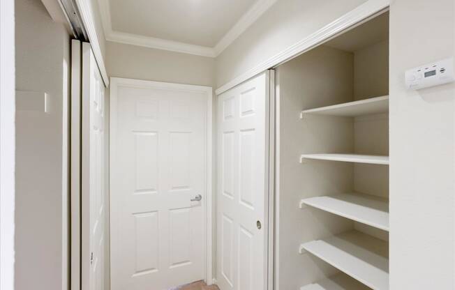 A white pantry with a door and shelves.