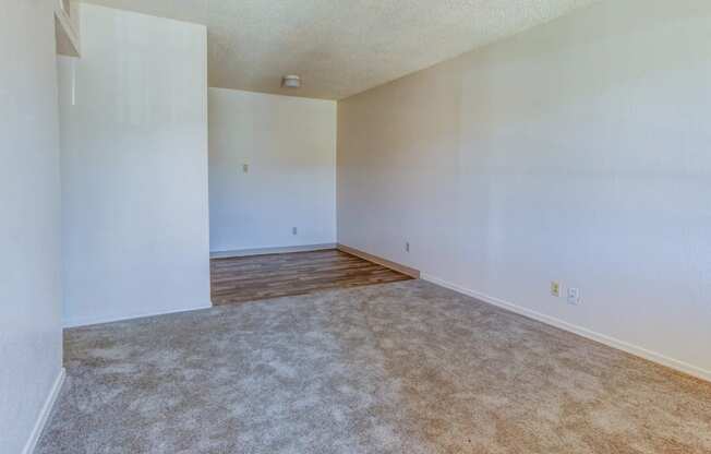 an empty living room with carpet and white walls