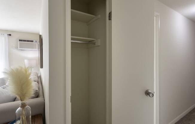 This is a photo of the hallway coat closet in a 560 square foot, 1 bedroom, 1 bath apartment at Aspen Village Apartments in Cincinnati, OH.