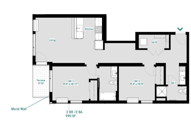 2 beds, 2 baths, 1,005 sqft, $1,990, Unit 501