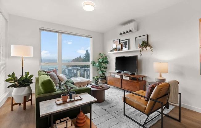 A living room with a couch, chair, and potted plants.