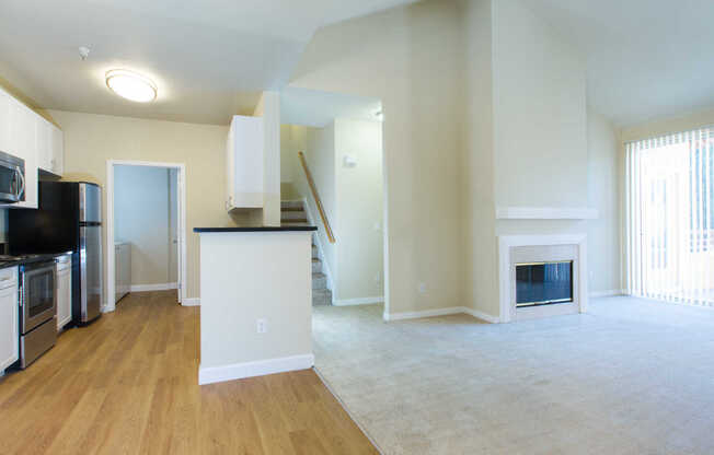 Kitchen and Living Room with Fireplace