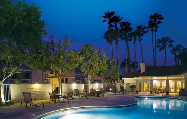 Well lit pool at La Serena Apartments, CA, 92128