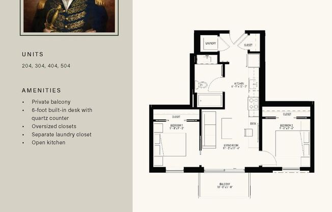 2 beds, 1 bath, 640 sqft, $2,175, Unit 504