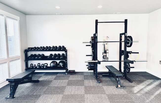 a fitness room with weights and a rack of dumbbells