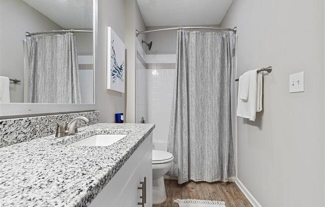 master bathroom with granite and shower/tub combo