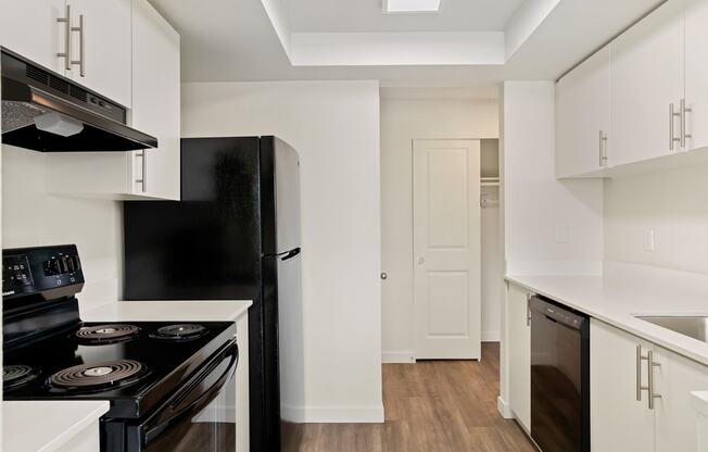 A galley-style kitchen with white cabinets, black appliances, and access to the hallway and hallway closet behind.