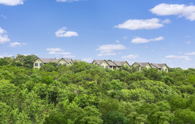 a row of houses sitting on top of a lush green forest