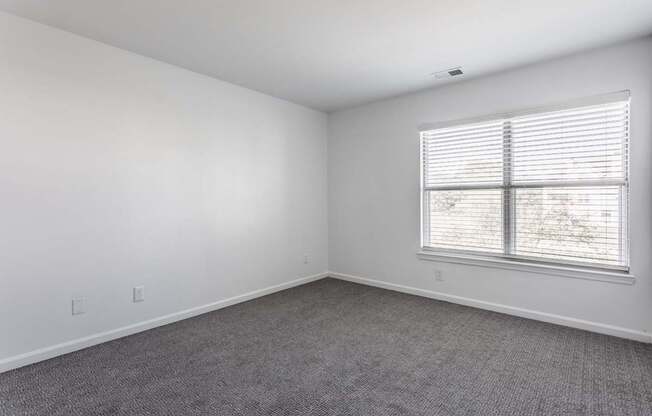 A room with a window and a carpeted floor.