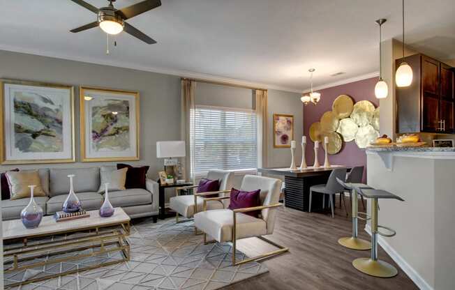 Model living room at York Woods at Lake Murray Apartment Homes, Columbia