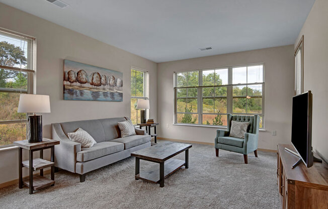 A bright living room here at Vue at Pinnacle Park with soft carpet, a gray sofa, a green accent chair, large windows with scenic views, and a cozy layout with table and TV for a welcoming feel.