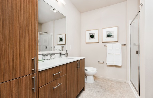 a bathroom with a toilet and a vanity with a large mirror at The Hayes on Stone Way, Seattle, WA, 98103