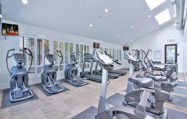 Dog-Friendly Apartments In Hayward, CA - The Dutton - Cardio And Strength Center With TVs, And Free-Weights