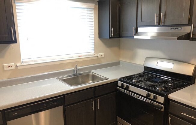 2BR, 1BA A-style with Grey Cabinets Kitchen